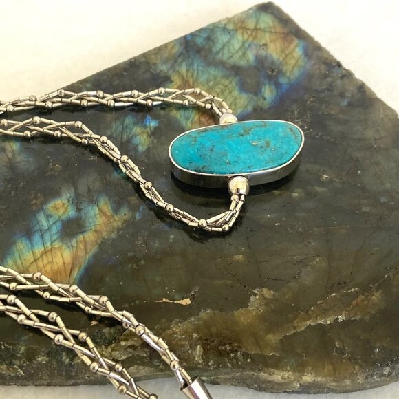 Sterling Silver 925 SWS Reversible Green Blue Turquoise Braided Chain Necklace - Picture 6 of 16